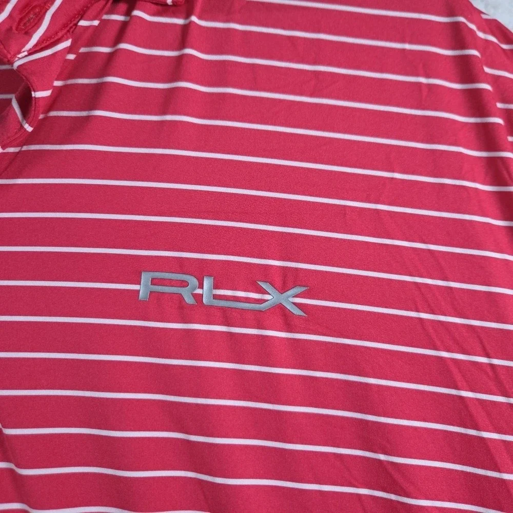 RLX Ralph Lauren Men's XL Pink/white Stripe Short Sleeve Golf Polo Shirt Stretch